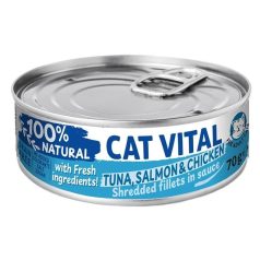   Cat Vital konzerv tonhal, lazac és csirkefilé falatok felnőtt macskáknak szószban 70g